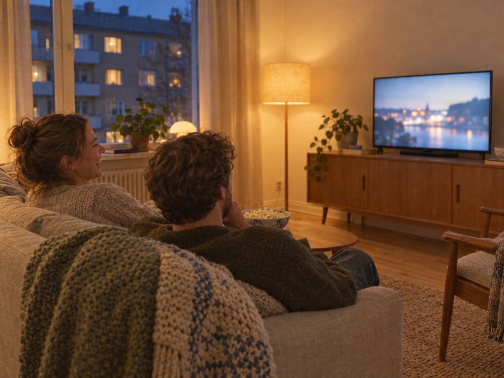 Två vänner i soffan en kväll med en skål popcorn framför TV:n
