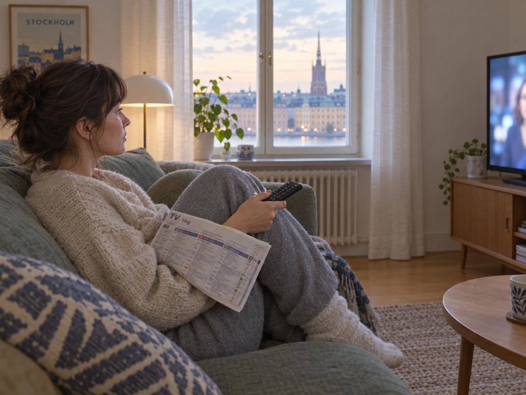 Kvinna i soffan med fjärrkontrollen i handen och en tryckt TV-tablå i knät framför TV:n